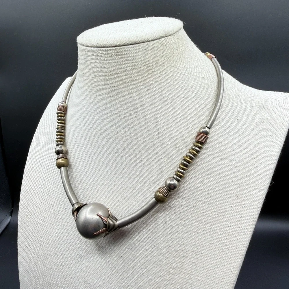 Mixed Metal Orb Collar Necklace Silver Copper & Brass Tone Statement Artisan